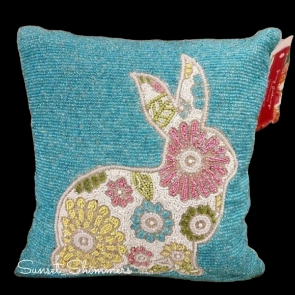 14" Sparkly BEADED Easter BUNNY RABBIT Floral Throw PILLOW Pink TURQUOISE - Picture 11 of 11